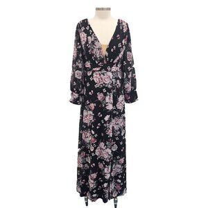 Black Floral Chiffon Maxi Dress‎ Womens L V-Neck Lantern Sleeve Pleated Fairy